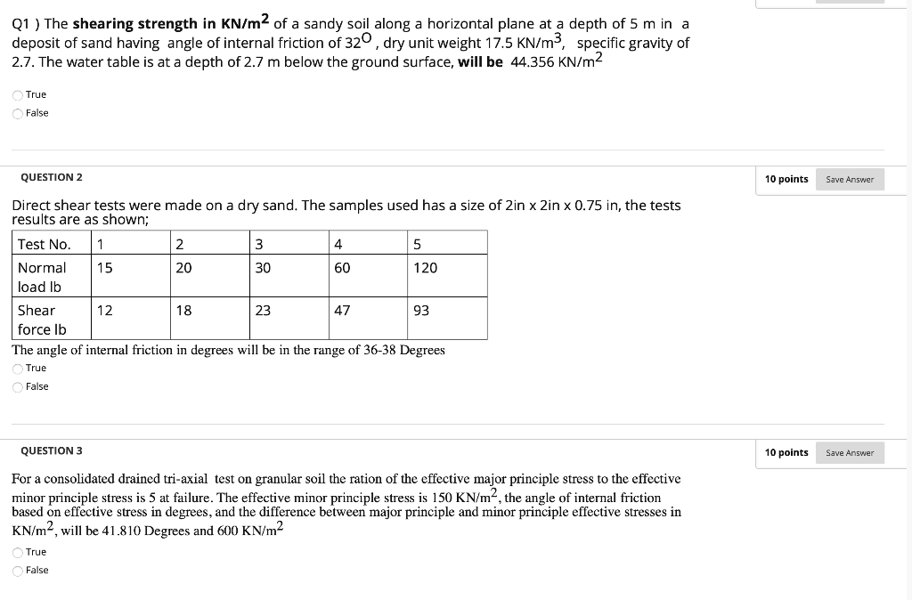 Solved Q1 ) The shearing strength in KN/mof a sandy soil | Chegg.com