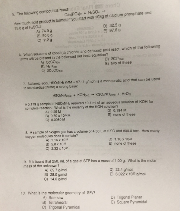 Solved 5. The tollowing compounds react Ca3(PO4)2 + H2SO4 → | Chegg.com