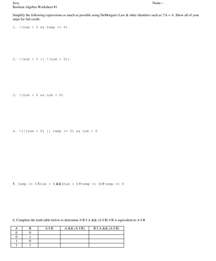 Solved: Java Boolean Algebra Worksheet #1 Name- Simplify T... | Chegg.com