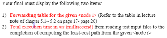 Your final must display the following two items:
1) Forwarding table for the given <node i> (Refer to the table in lecture
no