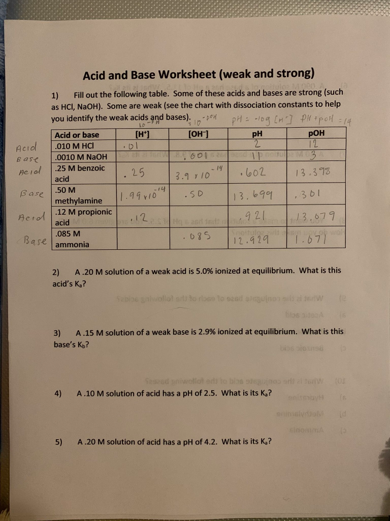 Acid and Base Worksheet (weak and strong) Acid Base  Chegg.com With Solutions Acids And Bases Worksheet