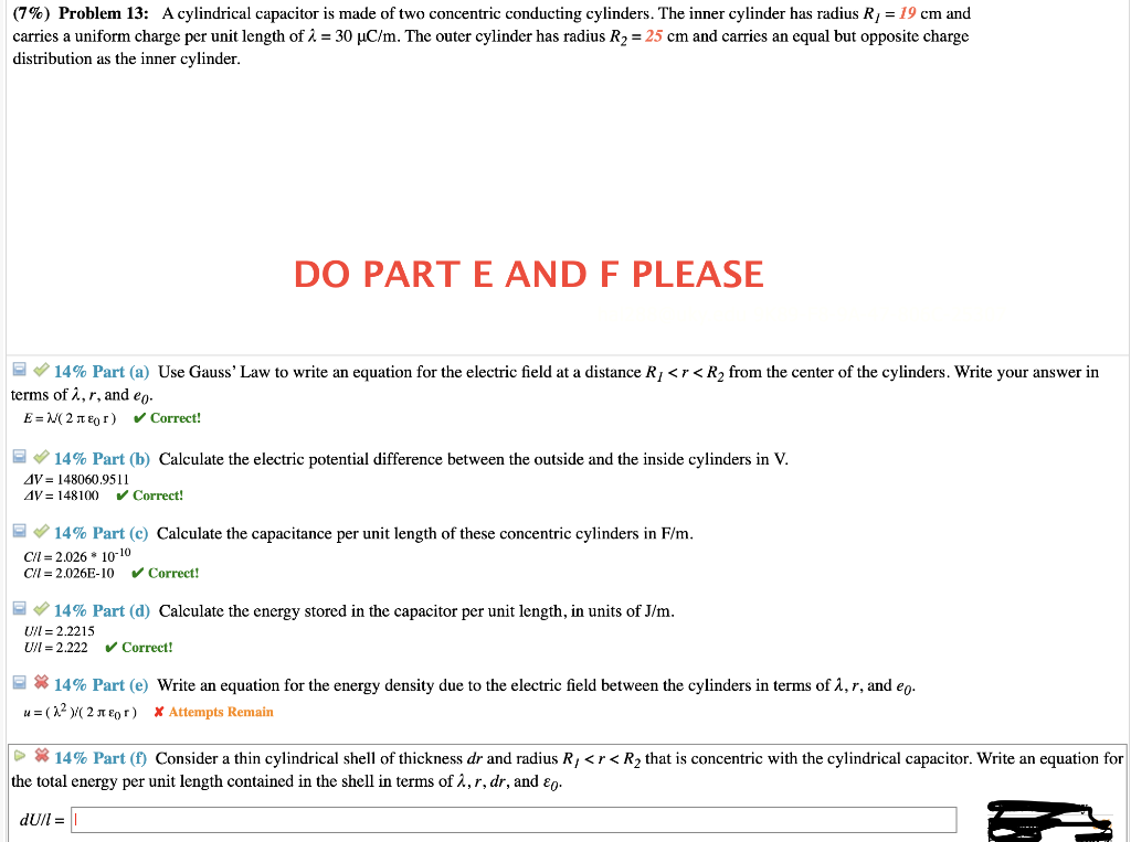 Solved 7 Problem 13 A Cylindrical Capacitor Is Made O Chegg Com