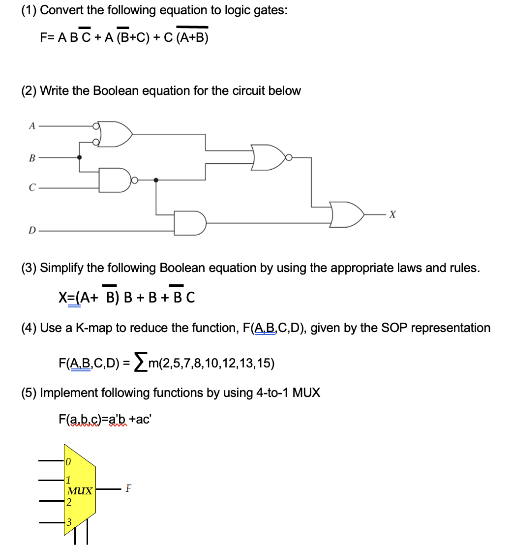 Solved (1) Convert the following equation to logic gates: | Chegg.com