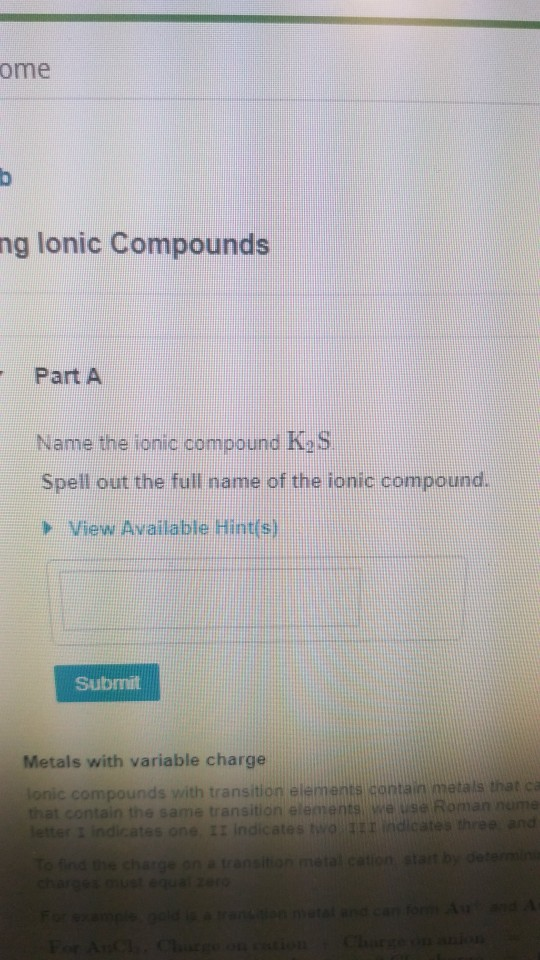 Solved Ome B Ng Lonic Compounds Part A Name The Ionic C