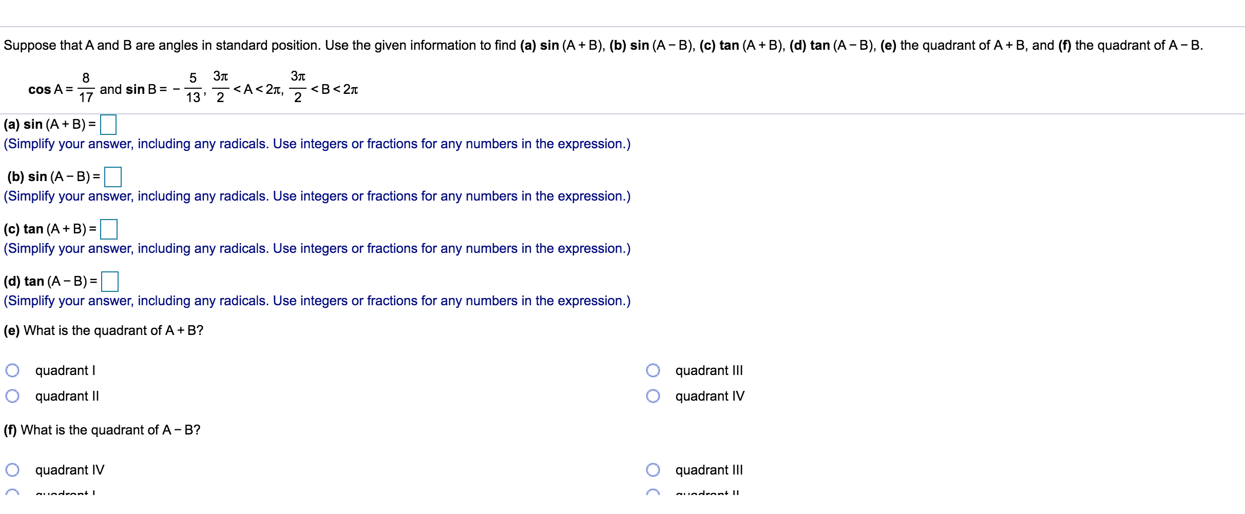 Solved Suppose That A And B Are Angles In Standard Position. | Chegg.com