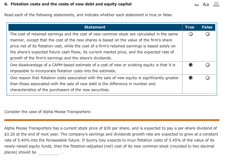 Solved 6. Flotation costs and the costs of new debt and