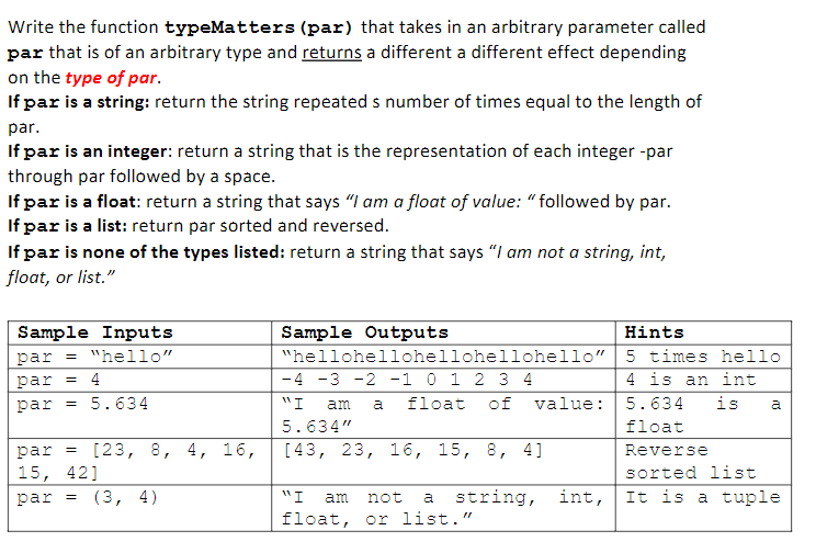 Solved Write the function typeMatters (par) that takes in an | Chegg.com