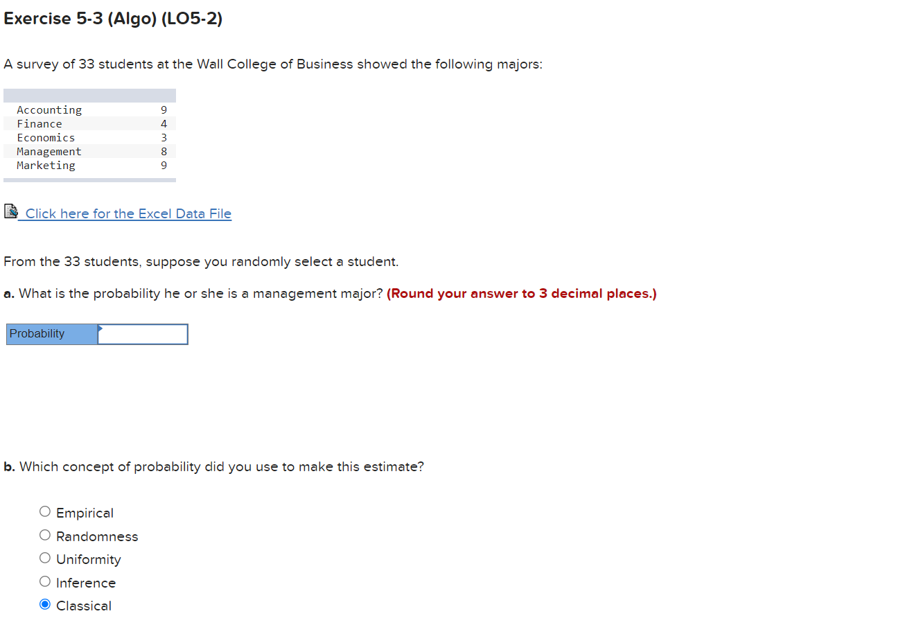 Solved A survey of 33 students at the Wall College of | Chegg.com