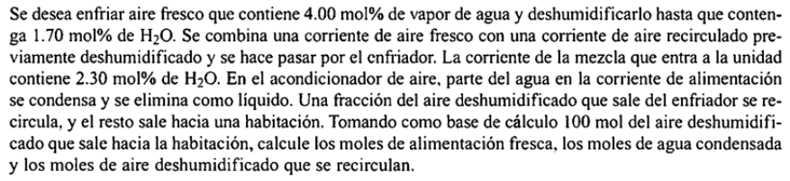 Se desea enfriar aire fresco que contiene \( 4.00 \mathrm{~mol} \% \) de vapor de agua y deshumidificarlo hasta que contenga