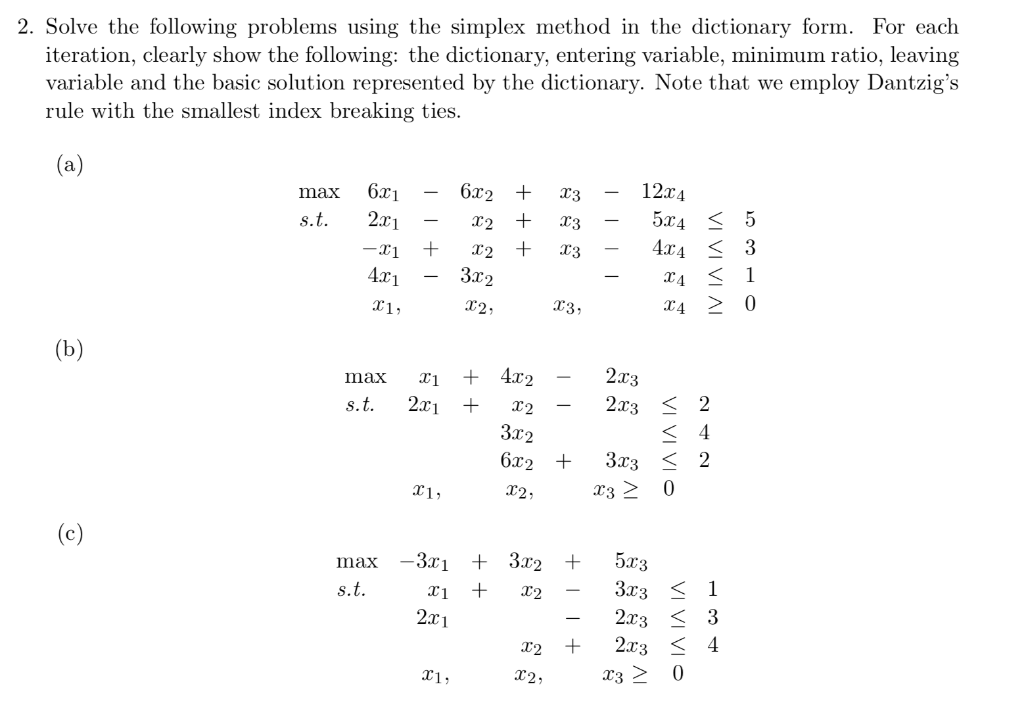 Solved 2. Solve the following problems using the simplex | Chegg.com
