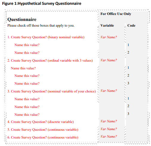Figure 1:Hypothetical Survey Questionnaire
Questionnaire
Please check off those boxes that apply to you.
1. Create Survey Que