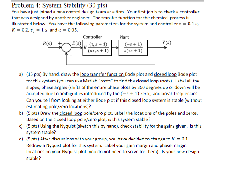 Control System Problem Statement Problem 4: System Stability (30 pts) You have just | Chegg.com