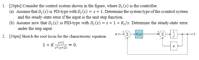 Solved 1. [20pts] Consider the control system shown in the | Chegg.com