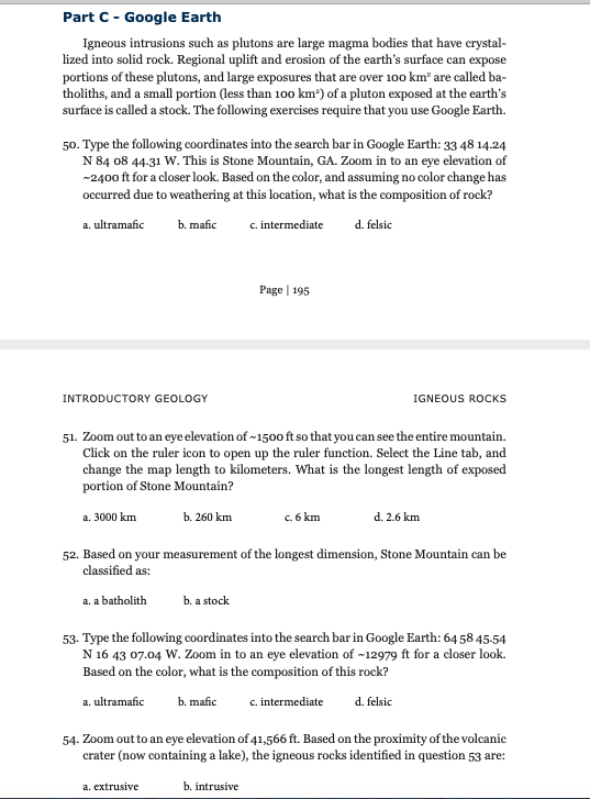 Solved Part C- Google Earth Igneous intrusions such as | Chegg.com