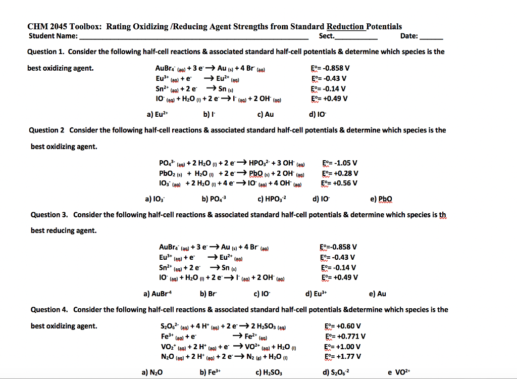 Solved Chm 45 Toolbox Rating Oxidizing Reducing Agent Chegg Com