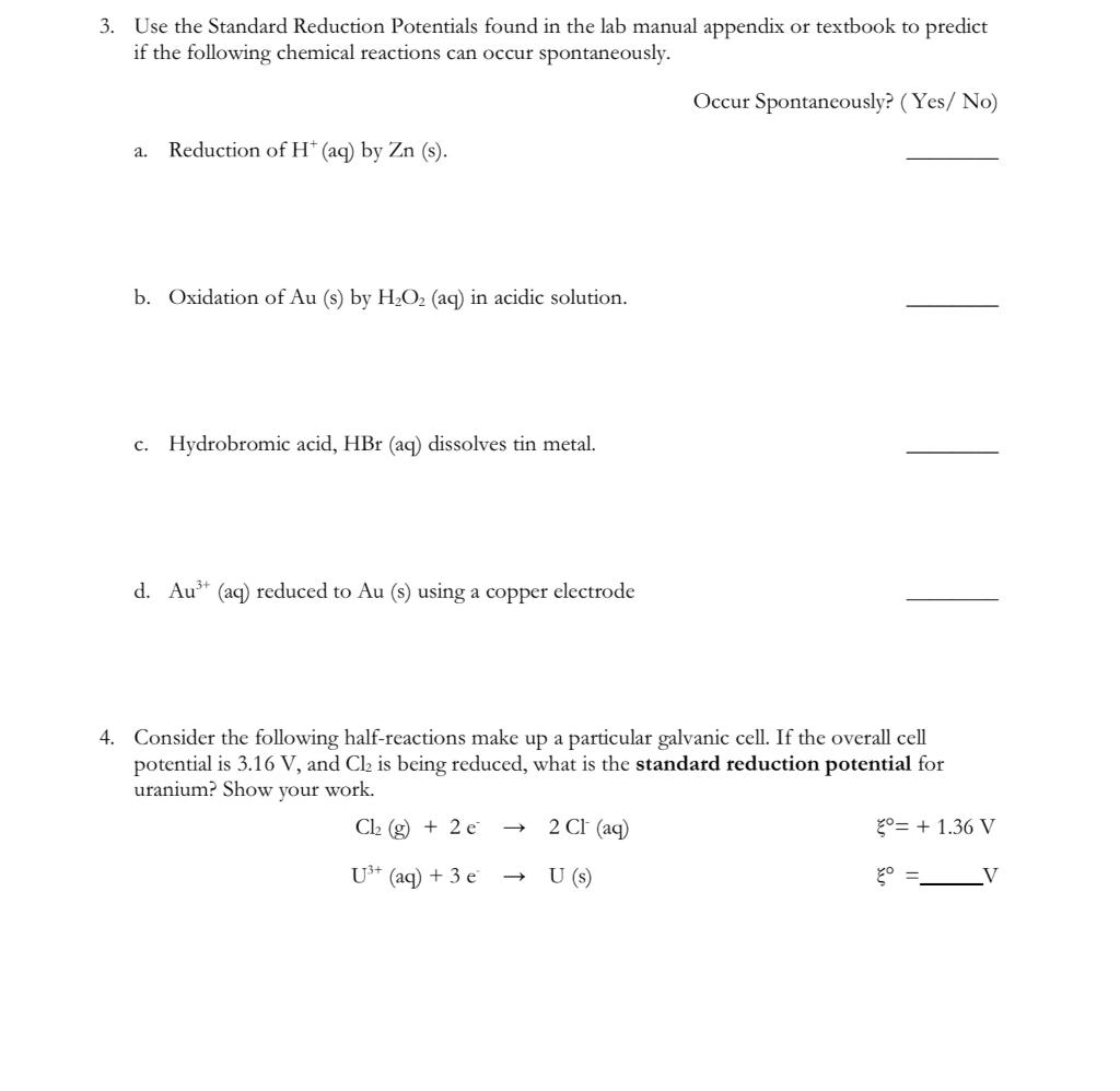 Solved 3. Use the Standard Reduction Potentials found in the | Chegg.com