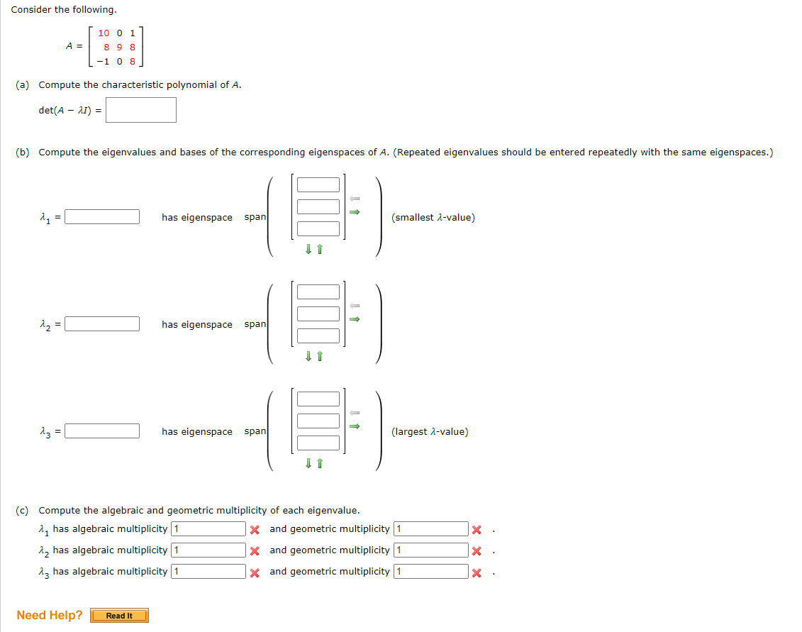 Solved Consider the following. 10 01 8 9 8 A = -1 0 8 (a) | Chegg.com