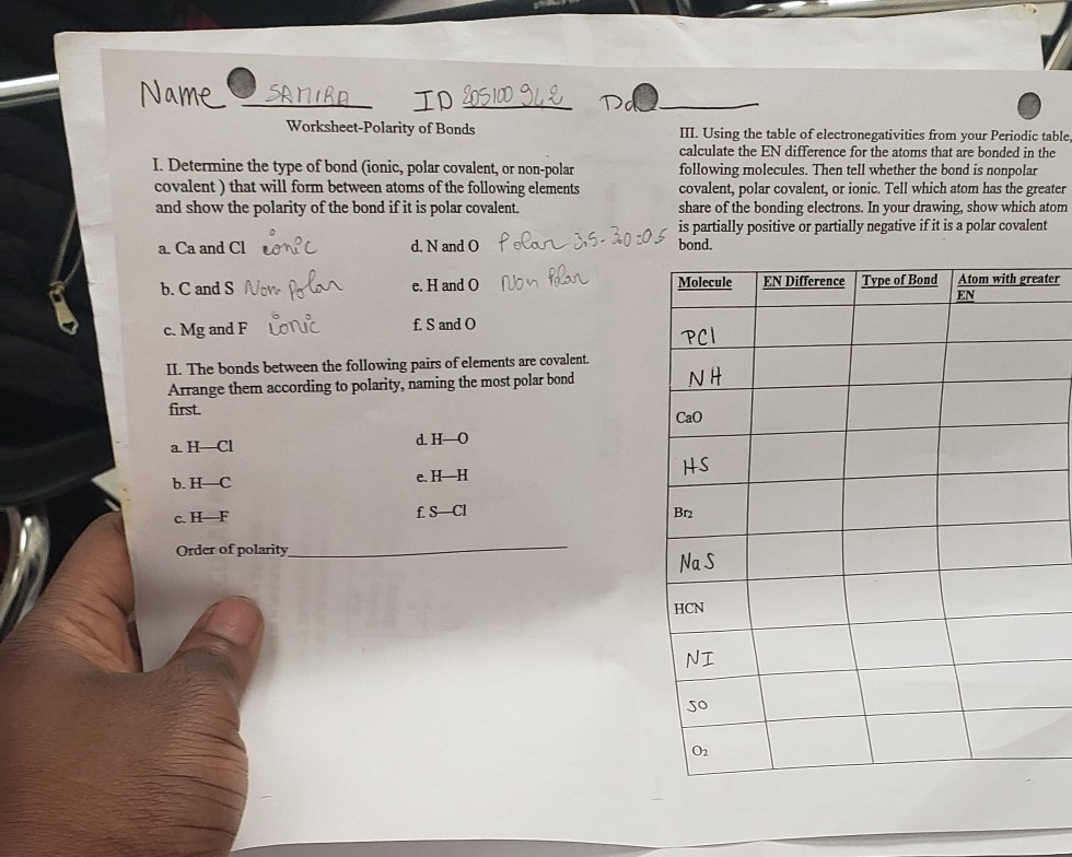 Solved NAme SAnIRA ID 05100 9 Worksheet Polarity Of Bonds Chegg