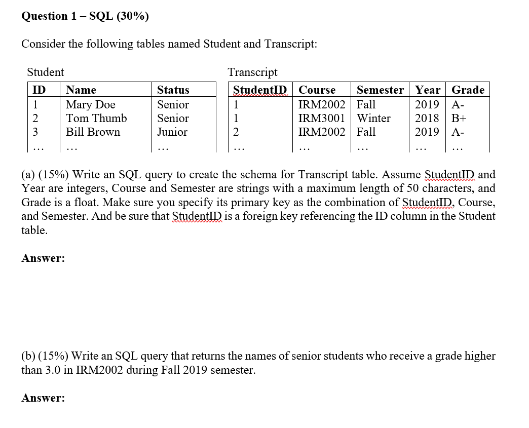 Solved Question 1 - SQL (30%) Consider the following tables | Chegg.com