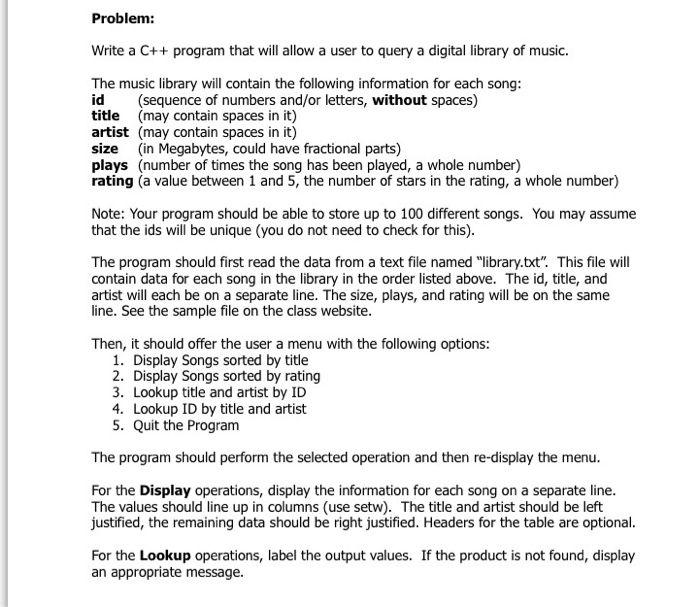 Solved Problem Write a C++ program that will allow a user to | Chegg.com