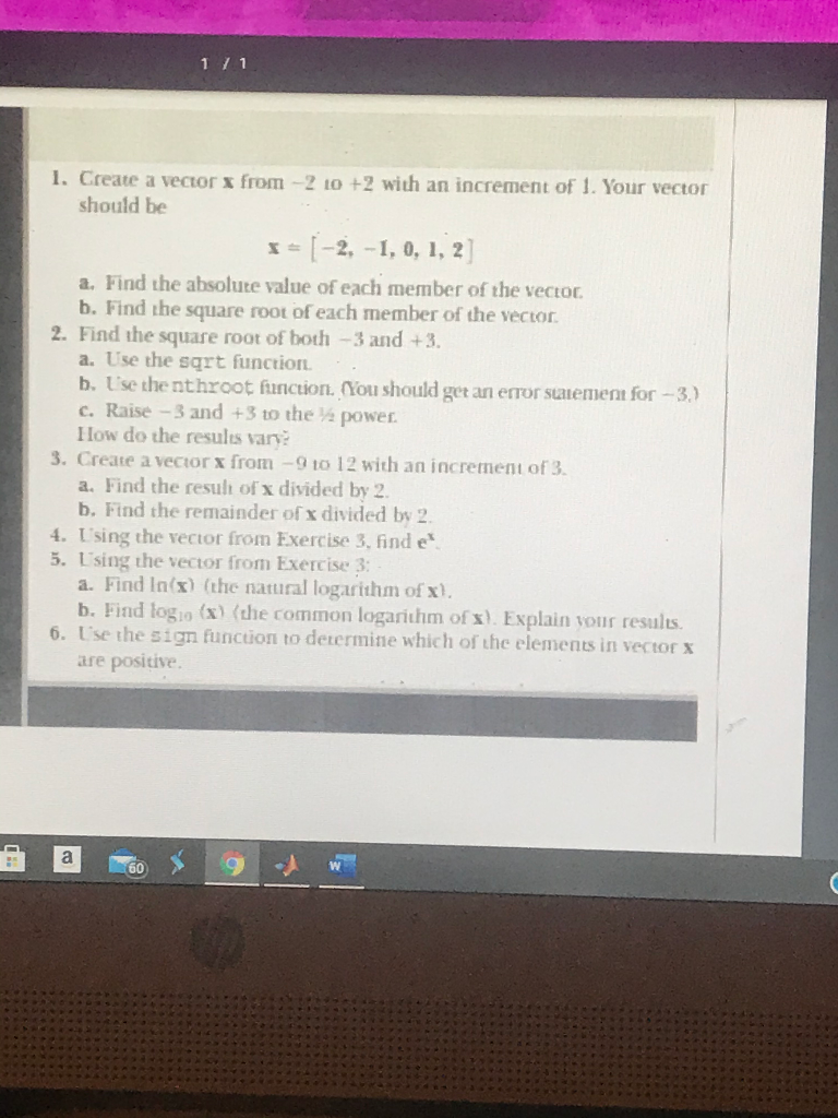 Solved 1 / 1 1. Create a vectors from -2 10 +2 with an | Chegg.com