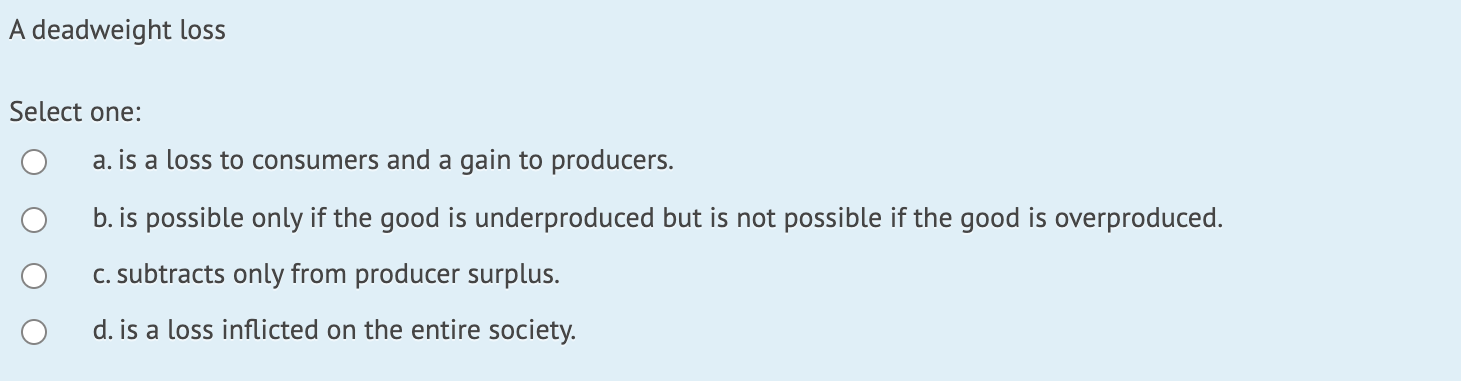 Solved A deadweight loss Select one: a. is a loss to | Chegg.com