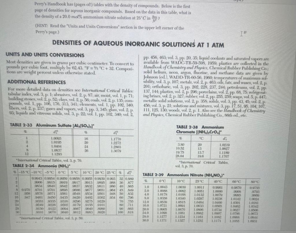 Solved Perry's Handbook has (pages of!) tables with the | Chegg.com