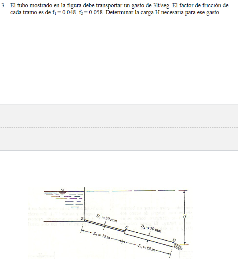 El tubo mostrado en la figura debe transportar un gasto de \( 31 \mathrm{t} / \mathrm{seg} \). El factor de fricción de cada