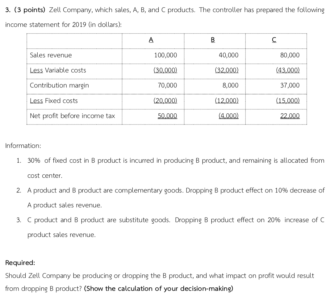 Solved 3. (3 points) Zell Company, which sales, A, B, and C