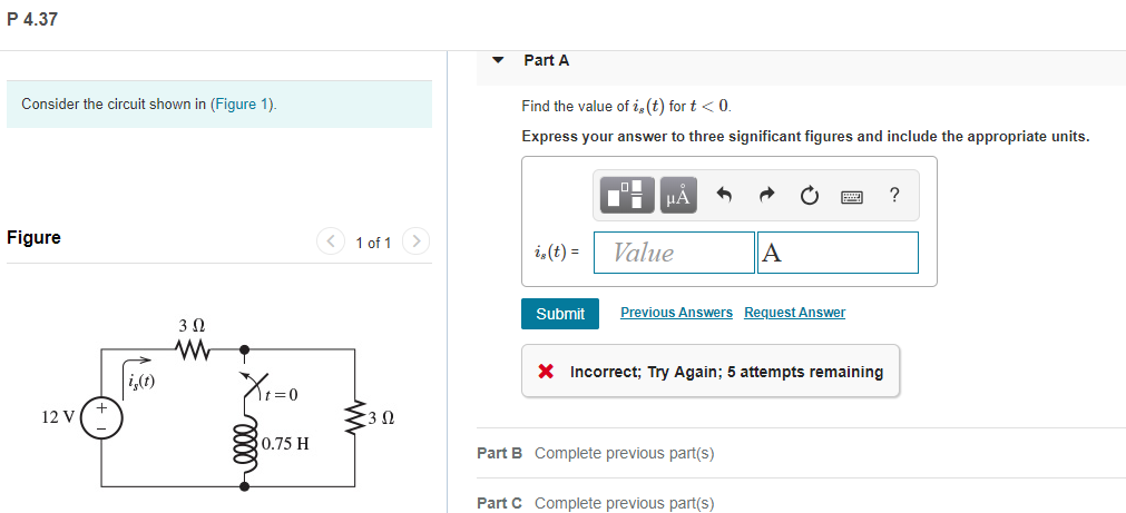 Solved P 4.37 Part A Consider the circuit shown in (Figure | Chegg.com
