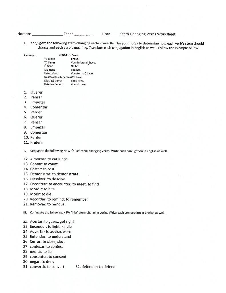 Nombre Fecha Hora Stem-Changing Verbs Worksheet 22.  Chegg.com For Stem Changing Verbs Worksheet