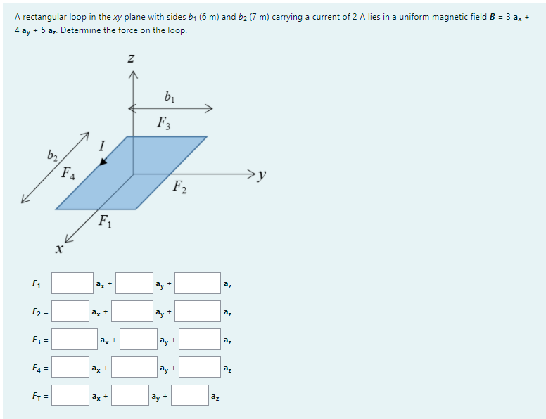 A rectangular loop in the xy plane with sides b1 (6 m) and bz (7 m) carrying a current of 2 A lies in a uniform magnetic fiel