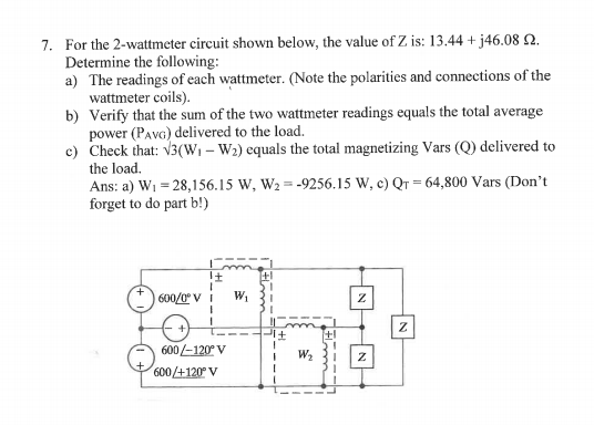 7. For the 2-wattmeter circuit shown below, the value | Chegg.com