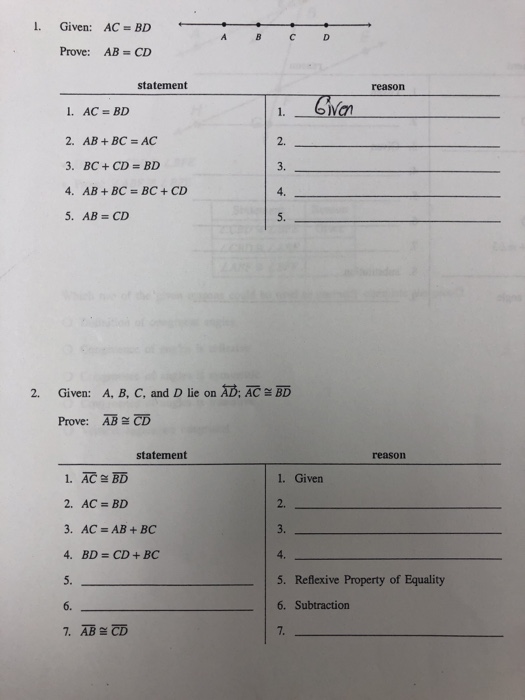 Solved Given Ac Bd Prove Ab Cd Statement Reason 2 Ab