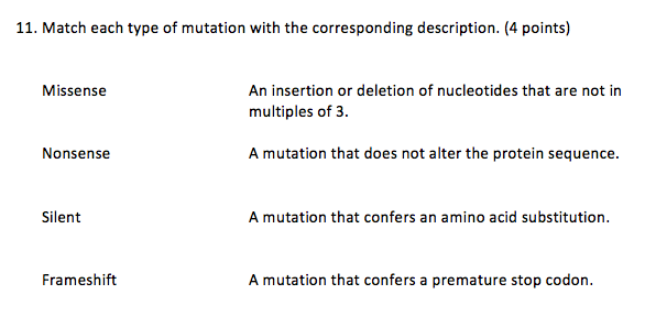 Solved 11. Match each type of mutation with the | Chegg.com