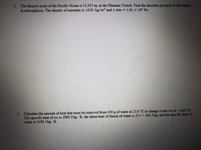 Solved 1. The deepest point of the Pacific Ocean is 11,033 | Chegg.com