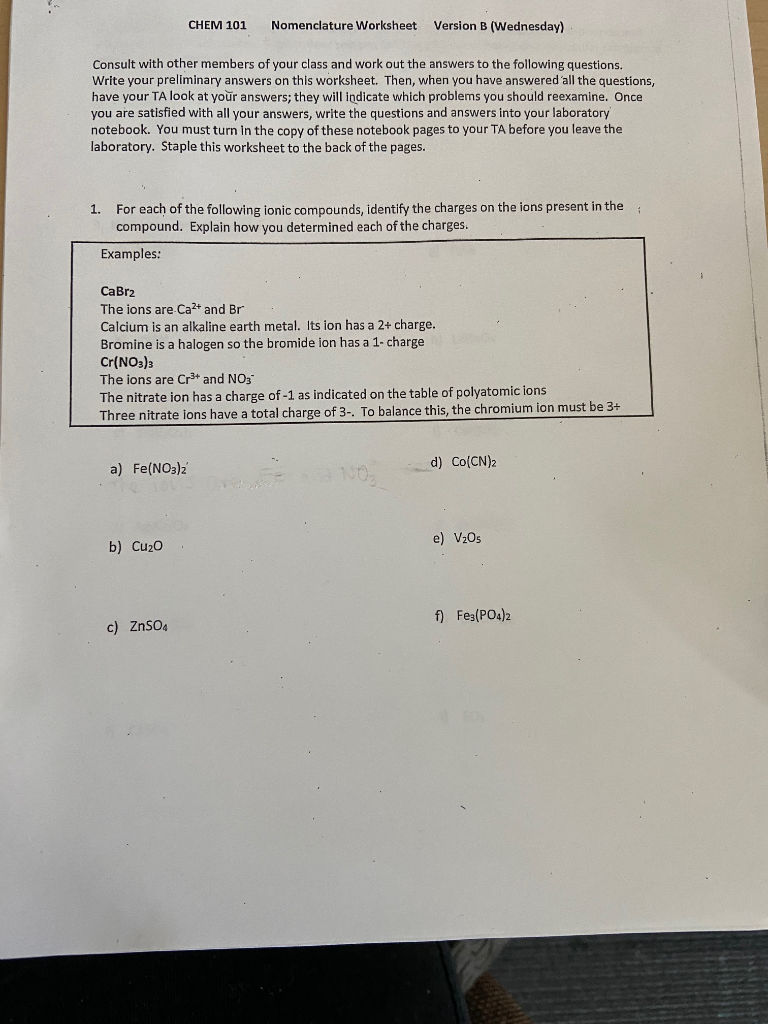 Solved CHEM 24 Nomenclature Worksheet Version B (Wednesday Intended For Nomenclature Worksheet 1 Monatomic Ions