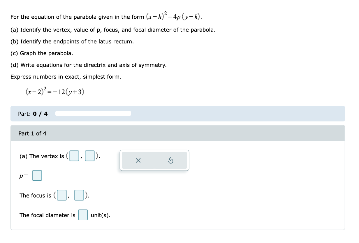 Solved For the equation of the parabola given in the form | Chegg.com