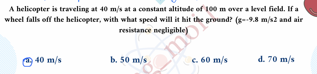 Solved A helicopter is ﻿traveling at 40msg=-9.8ms2 ﻿and | Chegg.com