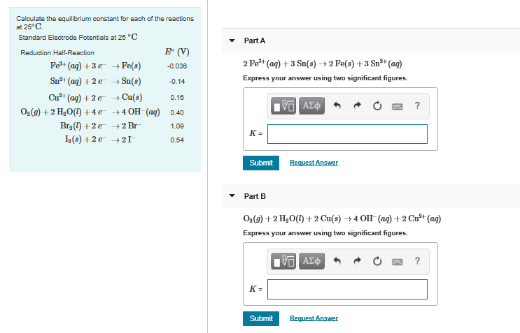 Solved Part A Calculate The Equilibrium Constant For Each Chegg Com