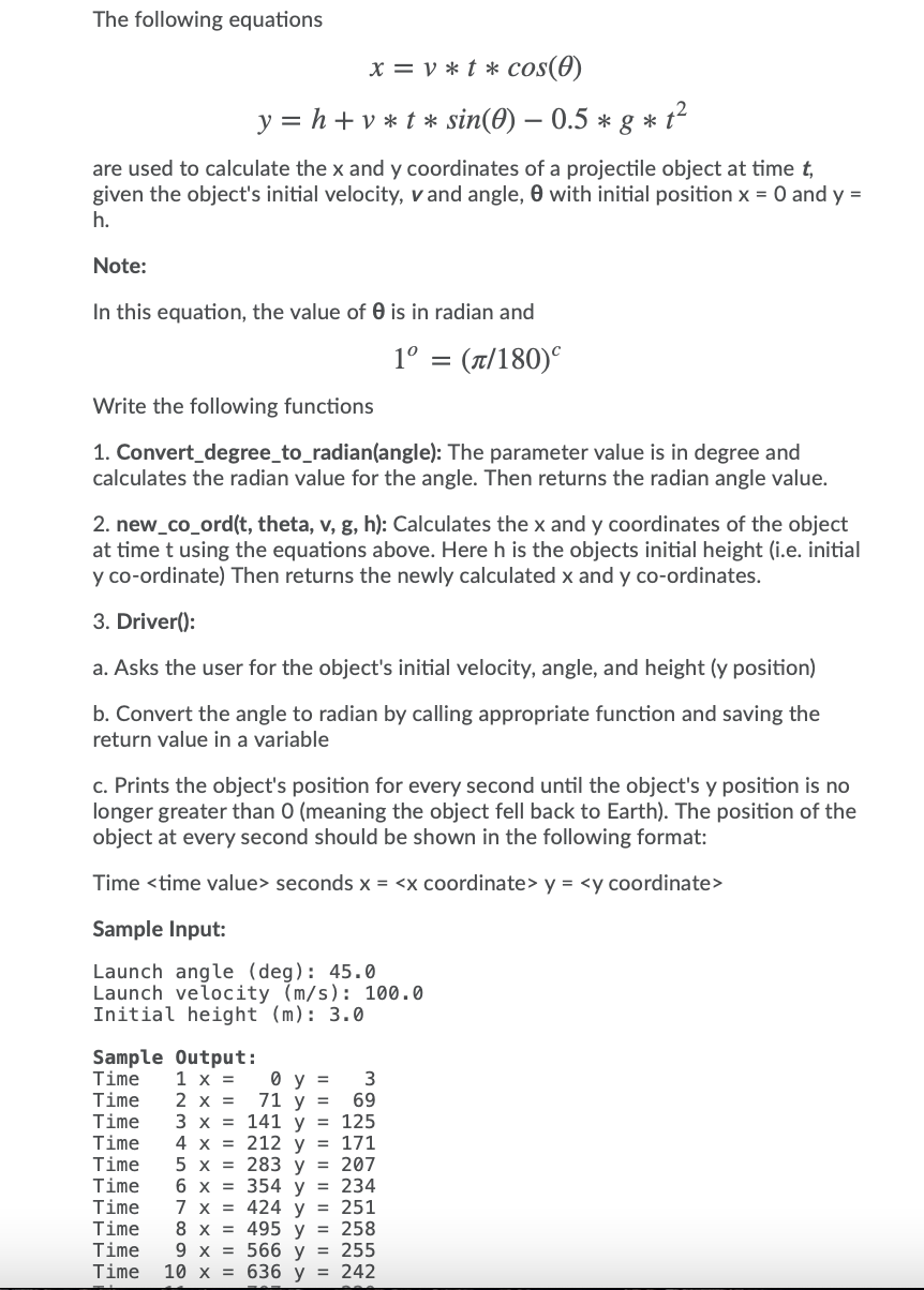 Solved The Following Equations X V T Cos 0 Y H Chegg Com