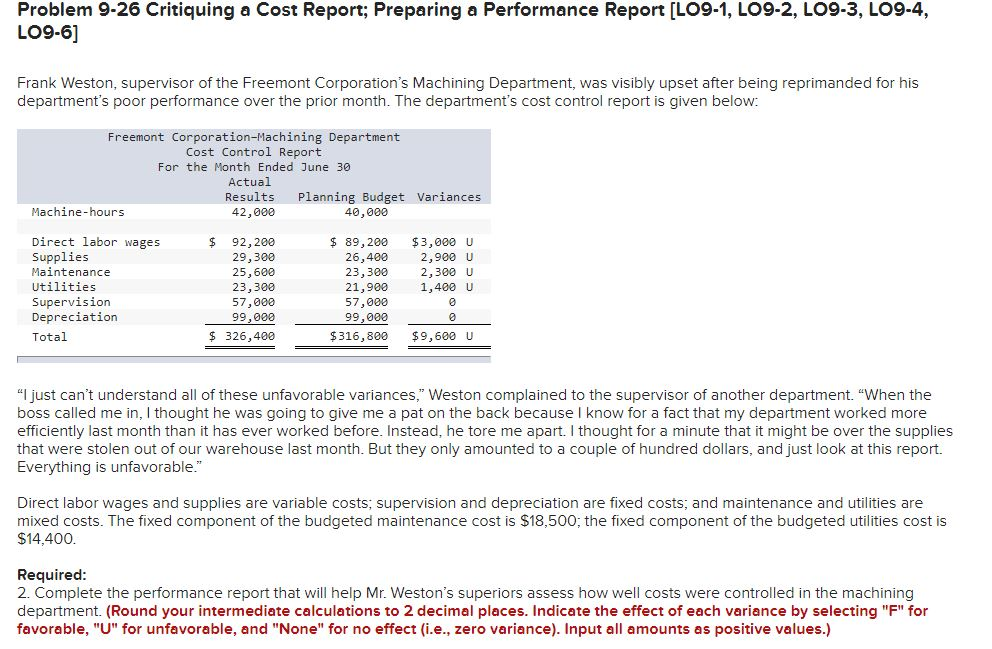 Solved Problem 9-26 Critiquing A Cost Report; Preparing A | Chegg.com