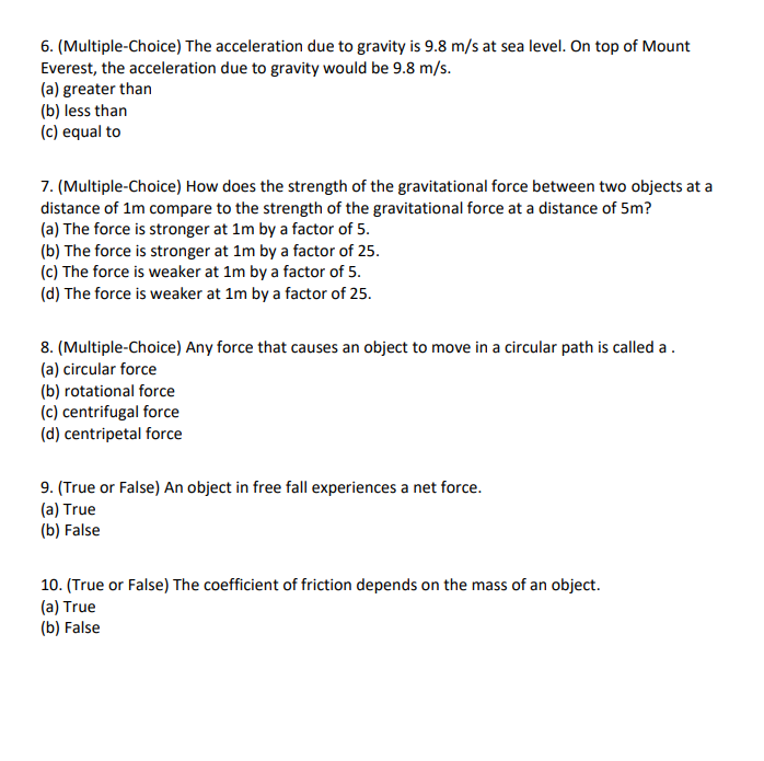 Solved 6. (Multiple-Choice) The Acceleration Due To Gravity | Chegg.com