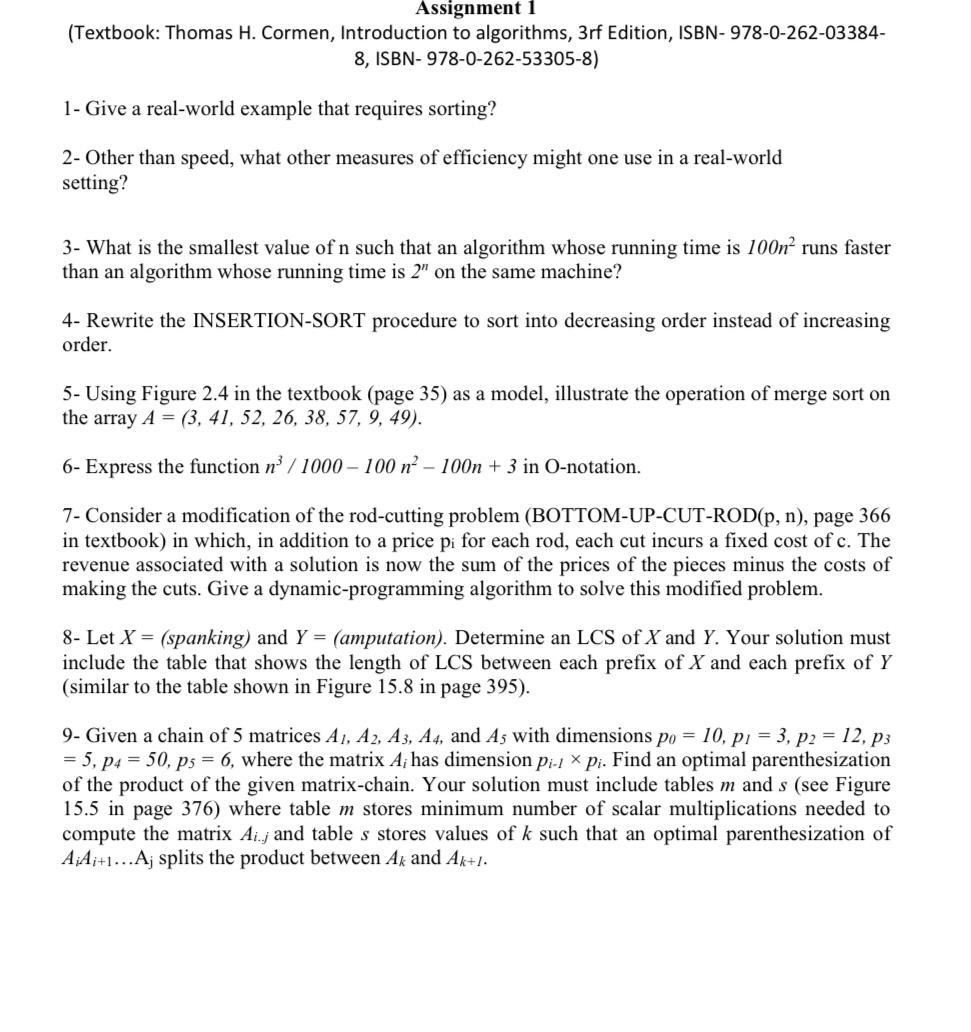 Solved Assignment 1 (Textbook: Thomas H. Cormen, | Chegg.com