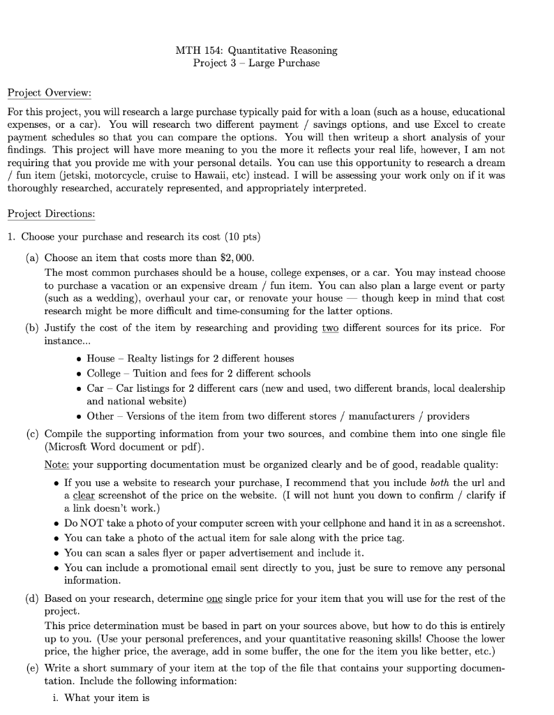 MTH 154: Quantitative Reasoning Project 3 - Large | Chegg.com
