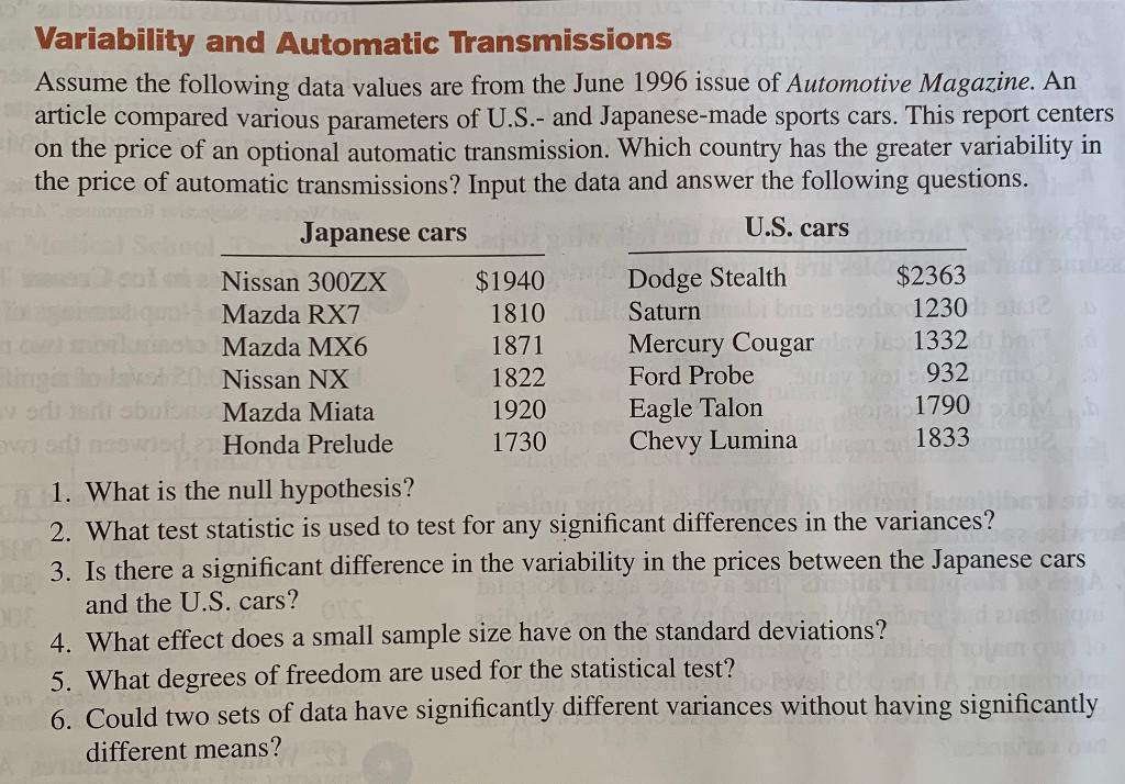 Solved Variability and Automatic Transmissions Assume the | Chegg.com