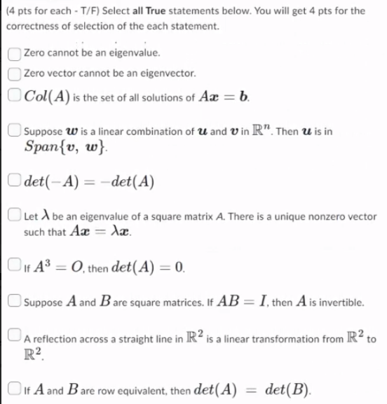 Solved ( 4 pts for each −T/F ) Select all True statements | Chegg.com