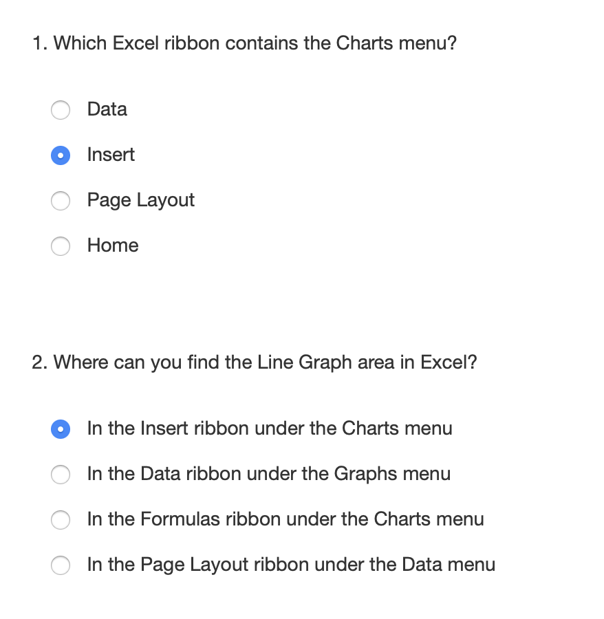 Solved 1. Which Excel ribbon contains the Charts menu? O