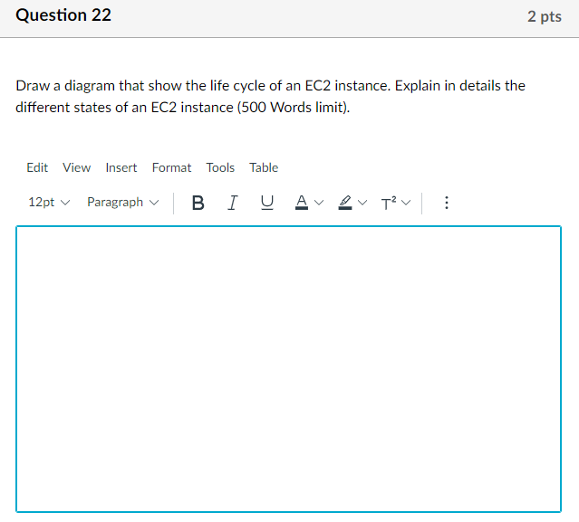 Draw a diagram that show the life cycle of an EC2 instance. Explain in details the different states of an EC2 instance (500 W