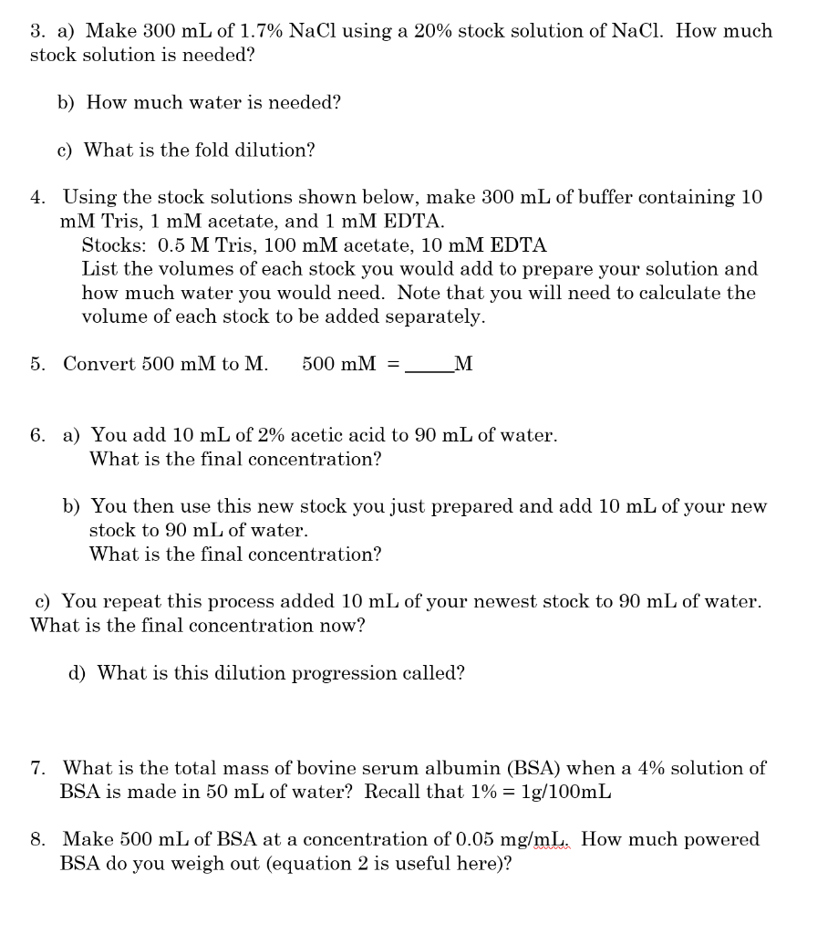 Solved Dilution Problems Useful Equations And Facts 1 Csv